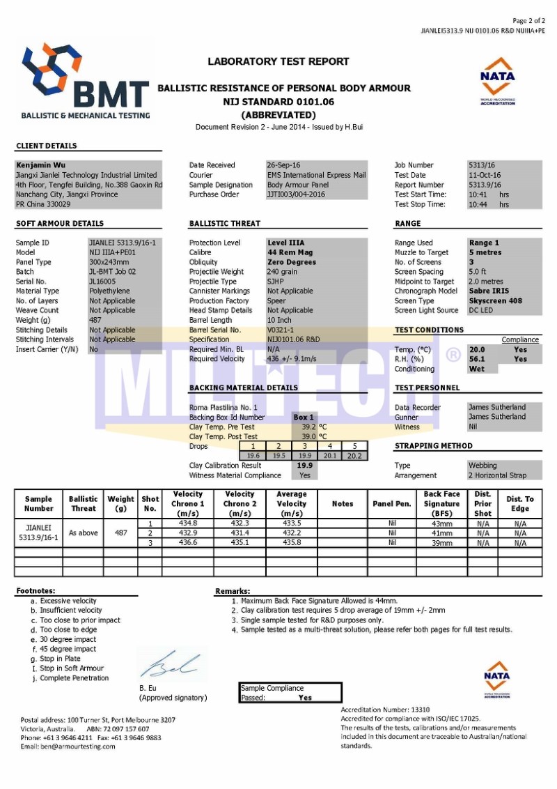 PE Ballistic Plate BMT NIJ IIIA 0101.06 Test Report 2